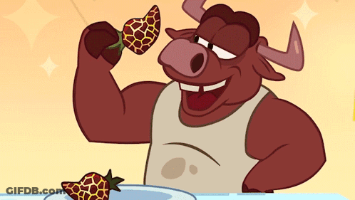 A Cartoon Of A Bull Eating A Strawberry GIF
