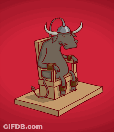 A Cartoon Of A Bull Wearing A Helmet And Chains Sitting In A Chair GIF