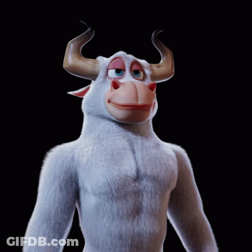 A Cartoon Of A Bull With Horns And Blue Eyes GIF