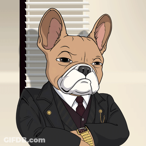 A Cartoon Of A Bulldog Wearing A Suit And Tie With His Arms Crossed GIF