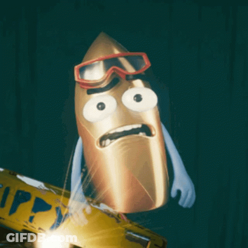 A Cartoon Of A Bullet With Arms And Goggles Standing Next To A Yellow Sign That Says Tpy GIF