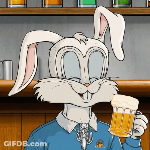 A Cartoon Of A Bunny Holding A Beer Mug GIF