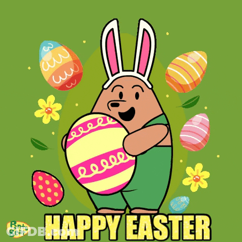 A Cartoon Of A Bunny Holding An Easter Egg With The Words Happy Easter Written Below It GIF
