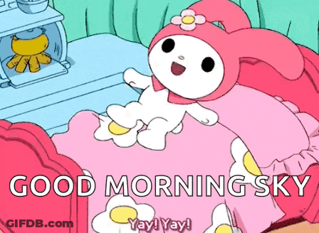 A Cartoon Of A Bunny Laying On A Bed With The Words Good Morning Sky GIF