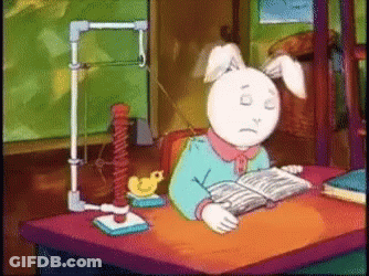 A Cartoon Of A Bunny Reading A Book With A Sad Face GIF