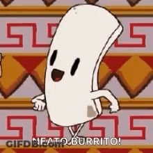 A Cartoon Of A Burrito With Arms And Legs Is Dancing In Front Of A Patterned Wall . GIF