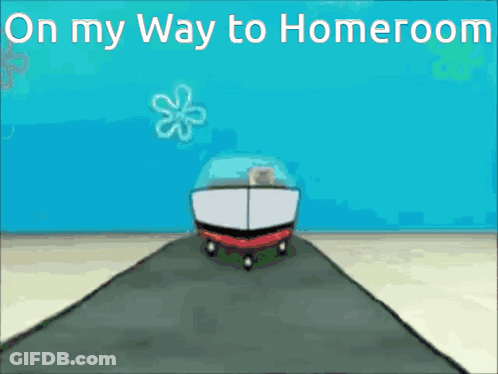 A Cartoon Of A Car Driving Down A Road With The Words On My Way To Homeroom Above It GIF