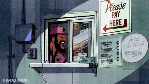 A Cartoon Of A Car Wash With A Sign That Says " Please Pay Here " GIF