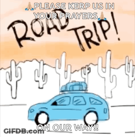 A Cartoon Of A Car With A Luggage Bag On Top Of It And Cactus In The Desert . GIF