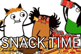 A Cartoon Of A Cat A Penguin And A Bag Of Chips With The Words Snack Time Written On The Bottom GIF