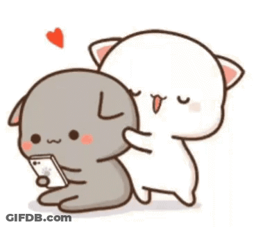 A Cartoon Of A Cat And A Dog Hugging Each Other While The Cat Is Holding A Cell Phone . GIF