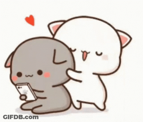 A Cartoon Of A Cat And A Dog Hugging Each Other While The Cat Is Holding A Cell Phone . GIF