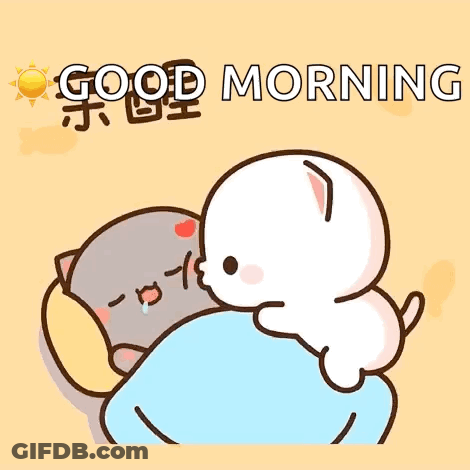 A Cartoon Of A Cat And A Dog Hugging Each Other With The Words `` Good Morning '' Below Them . GIF