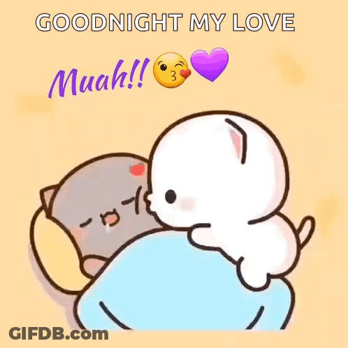 A Cartoon Of A Cat And A Dog Hugging Each Other With The Words `` Goodnight My Love Muah '' . GIF