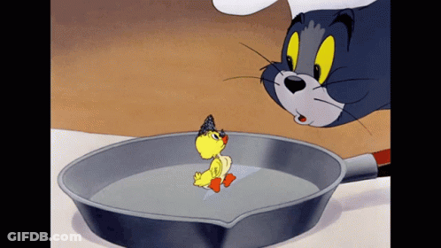 A Cartoon Of A Cat And A Duck In A Pan GIF