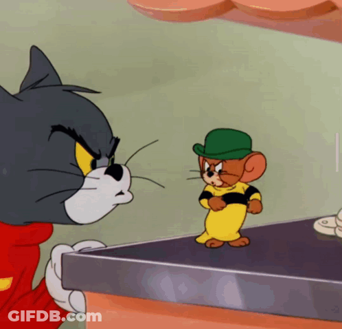 A Cartoon Of A Cat And A Mouse Standing Next To Each Other GIF