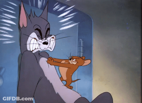 A Cartoon Of A Cat And A Mouse With Their Mouths Open GIF