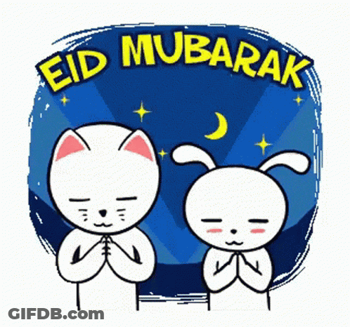 A Cartoon Of A Cat And A Rabbit With The Words Eid Mubarak Above Them GIF