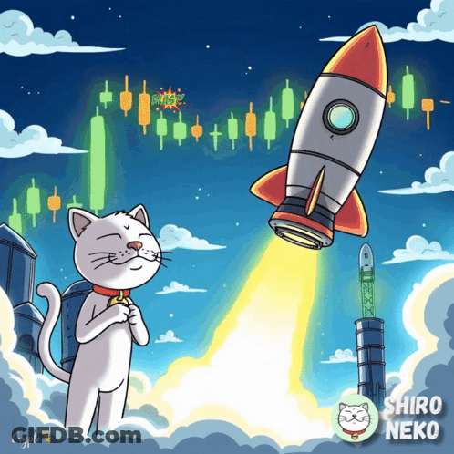 A Cartoon Of A Cat And A Rocket That Says Shiro Neko On It GIF