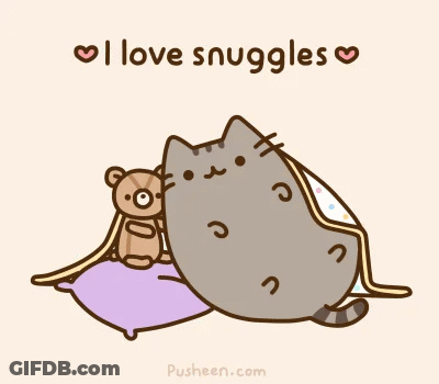 A Cartoon Of A Cat And A Teddy Bear With The Words " I Love Snuggles " Above It GIF