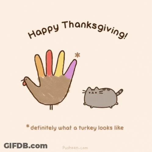 A Cartoon Of A Cat And A Turkey With The Words `` Happy Thanksgiving ! '' GIF