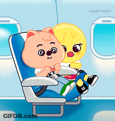 A Cartoon Of A Cat And A Yellow Bird Sitting On An Airplane GIF