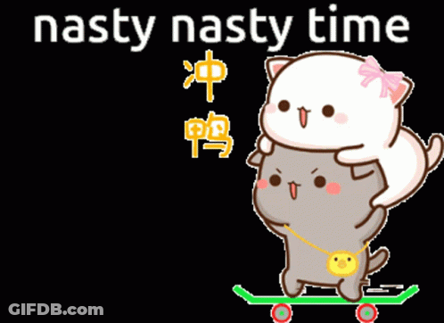A Cartoon Of A Cat Carrying Another Cat On Its Back With The Words Nasty Nasty Time Above Them GIF