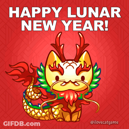 A Cartoon Of A Cat Dressed As A Dragon With The Words Happy Lunar New Year Below It GIF