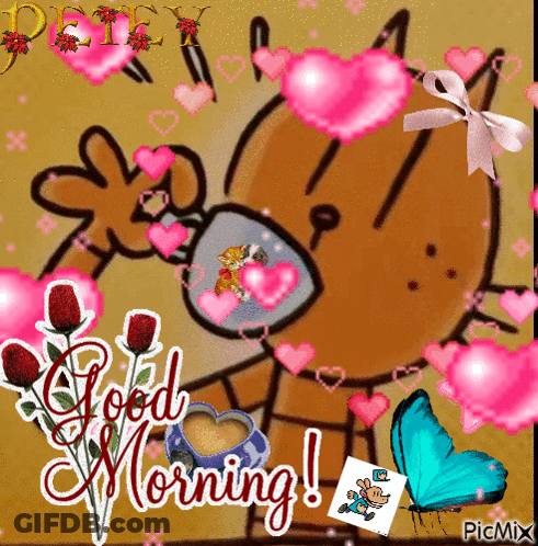 A Cartoon Of A Cat Drinking From A Cup With Hearts On It GIF