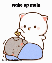 A Cartoon Of A Cat Drinking From A Cup With The Words Wake Up Moin Written Above It GIF