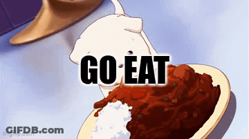 A Cartoon Of A Cat Eating A Plate Of Rice And Sauce With The Words Go Eat Above It . GIF