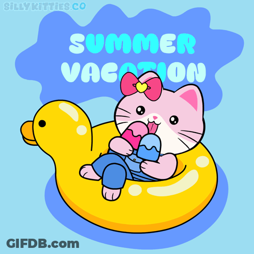 A Cartoon Of A Cat Floating On A Rubber Duck With The Words Summer Vacation Written Above It GIF