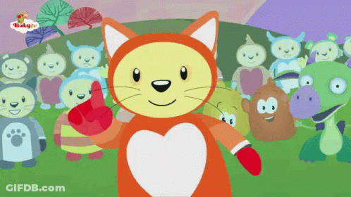 A Cartoon Of A Cat Giving A Thumbs Up In Front Of A Group Of Stuffed Animals GIF