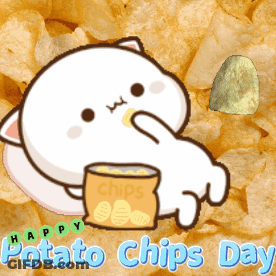 A Cartoon Of A Cat Holding A Bag Of Potato Chips Says Happy Potato Chips Day GIF