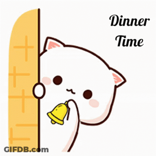 A Cartoon Of A Cat Holding A Bell With The Words " Dinner Time " Above It GIF