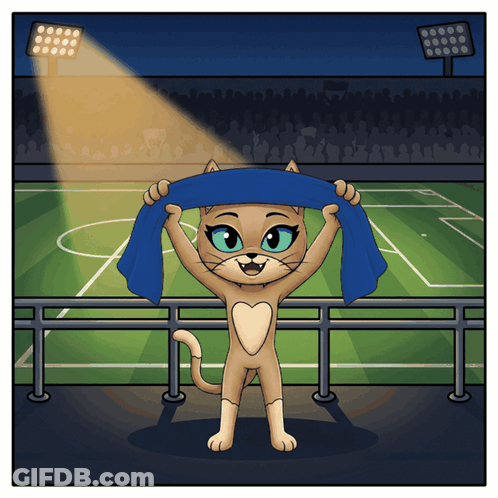 A Cartoon Of A Cat Holding A Blue Towel In A Stadium GIF