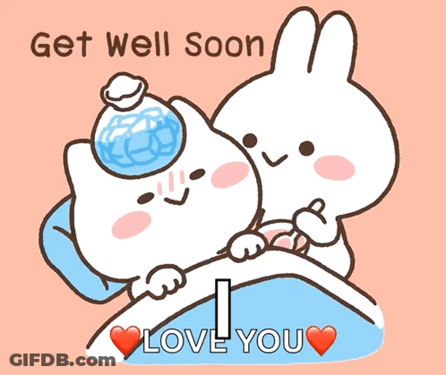 A Cartoon Of A Cat Holding A Bottle Of Ice And A Rabbit Saying Get Well Soon GIF