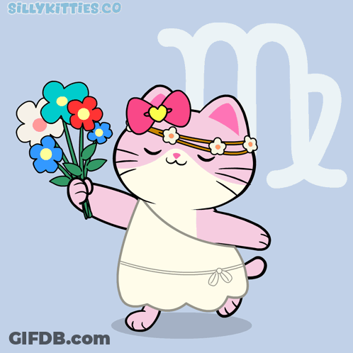 A Cartoon Of A Cat Holding A Bouquet Of Flowers In Front Of A Virgo Sign GIF