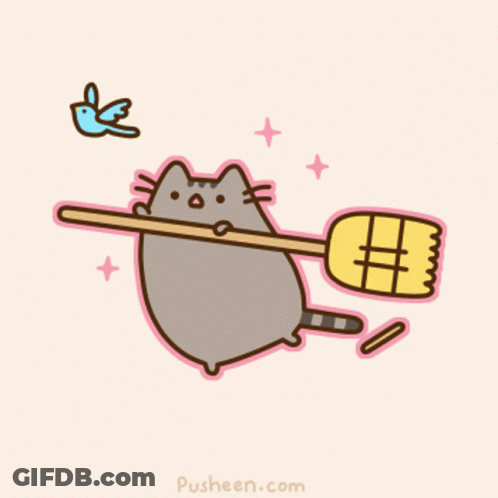 A Cartoon Of A Cat Holding A Broom With The Website Pusheen.com Written On The Bottom GIF
