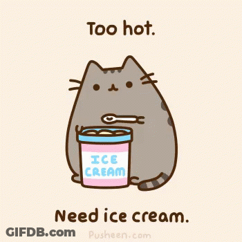 A Cartoon Of A Cat Holding A Bucket Of Ice Cream With The Words " Too Hot Need Ice Cream " Below It GIF
