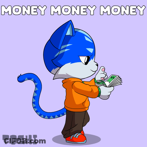 A Cartoon Of A Cat Holding A Bunch Of Money And The Words Money Money Money GIF