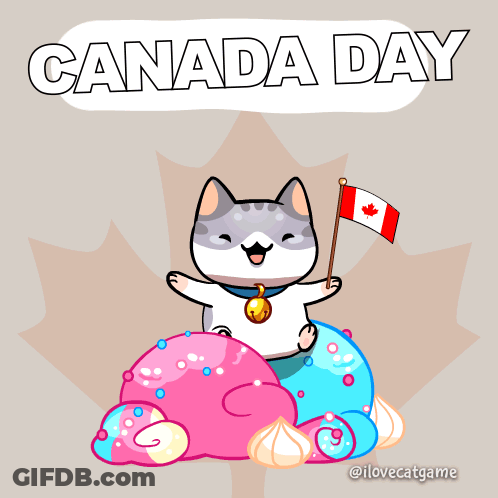 A Cartoon Of A Cat Holding A Canadian Flag With The Words Canada Day Behind It GIF