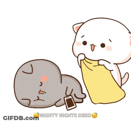 A Cartoon Of A Cat Holding A Cell Phone Next To Another Cat With The Words Nighty Nights Derd On The Bottom GIF