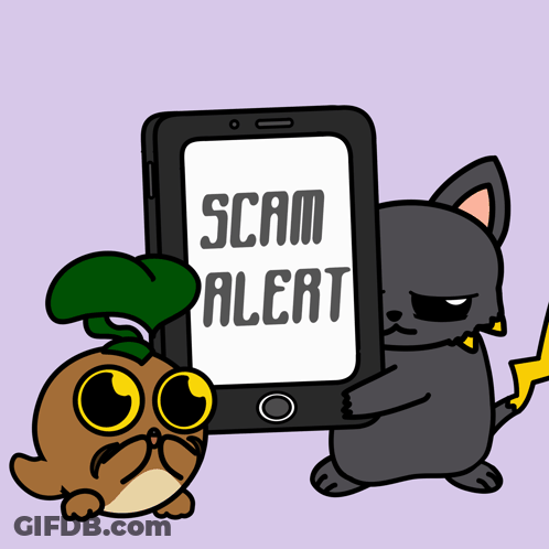 A Cartoon Of A Cat Holding A Cell Phone That Says Scam Alert GIF