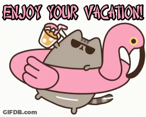 A Cartoon Of A Cat Holding A Flamingo Float And The Words Enjoy Your Vacation GIF