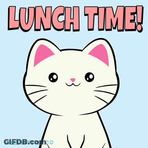 A Cartoon Of A Cat Holding A Fork And Spoon With The Words Lunch Time Above It GIF