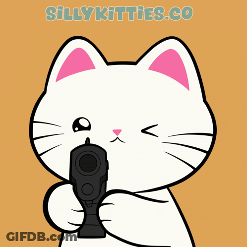A Cartoon Of A Cat Holding A Gun With The Website Sillykitties.co Written Below It GIF