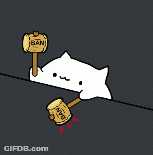 A Cartoon Of A Cat Holding A Hammer That Says Ban GIF