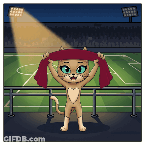 A Cartoon Of A Cat Holding A Red Scarf In A Stadium GIF