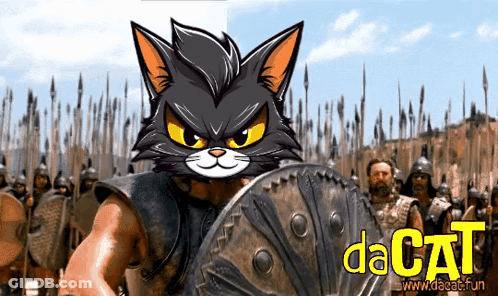 A Cartoon Of A Cat Holding A Shield With Dacat Written On The Bottom Right GIF